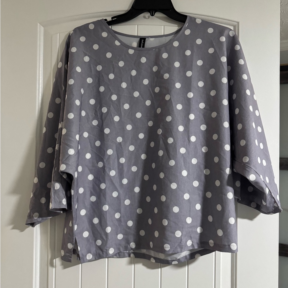 Just Fab Medium Cotton Big Sleeve Polka Dot Gray Women's Top